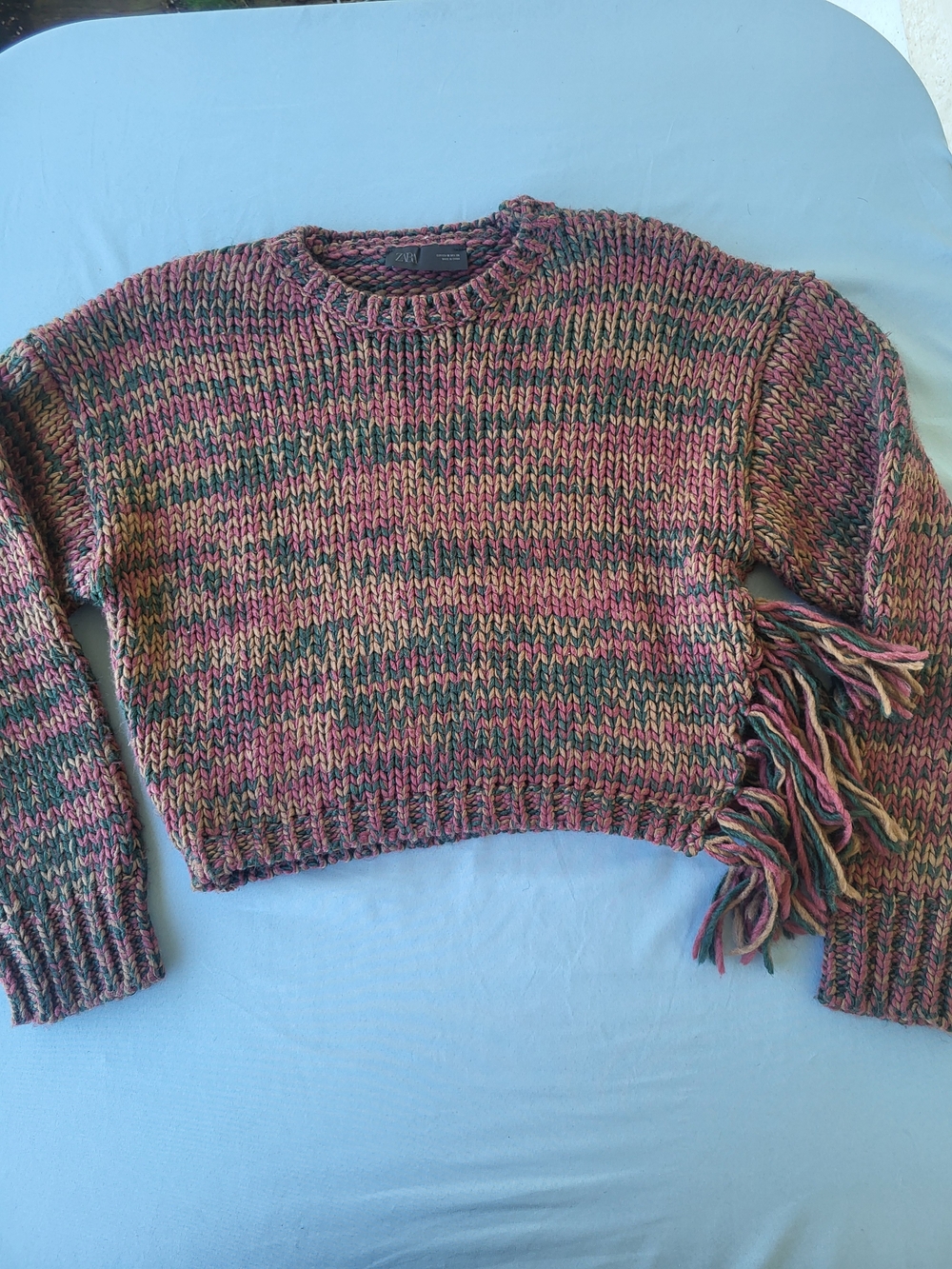 Zara Cropped Multicolor Fringe Knit Sweater - Pink & Green